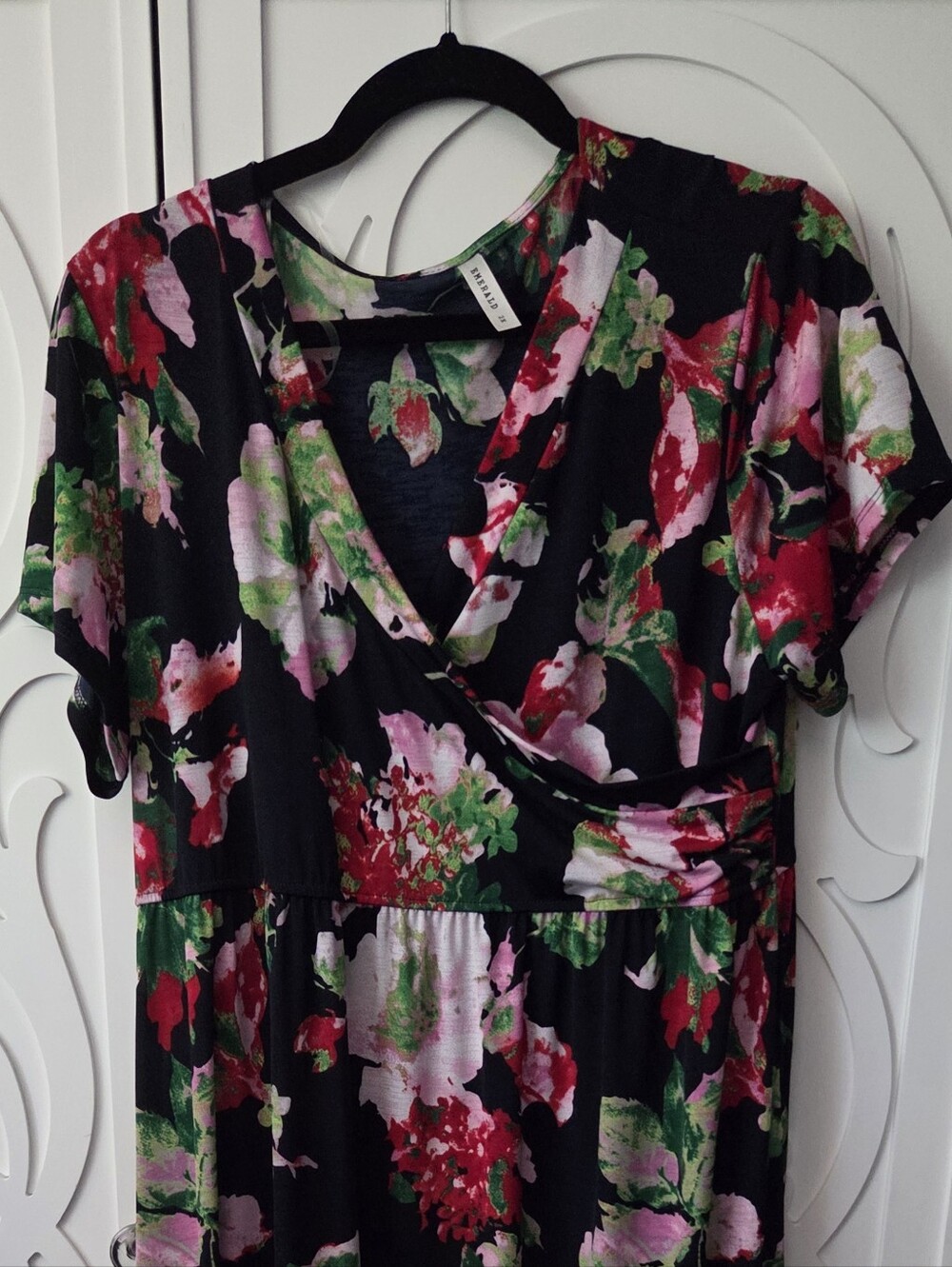 Emerald Floral Wrap Maxi Dress with Pink & Green Blooms